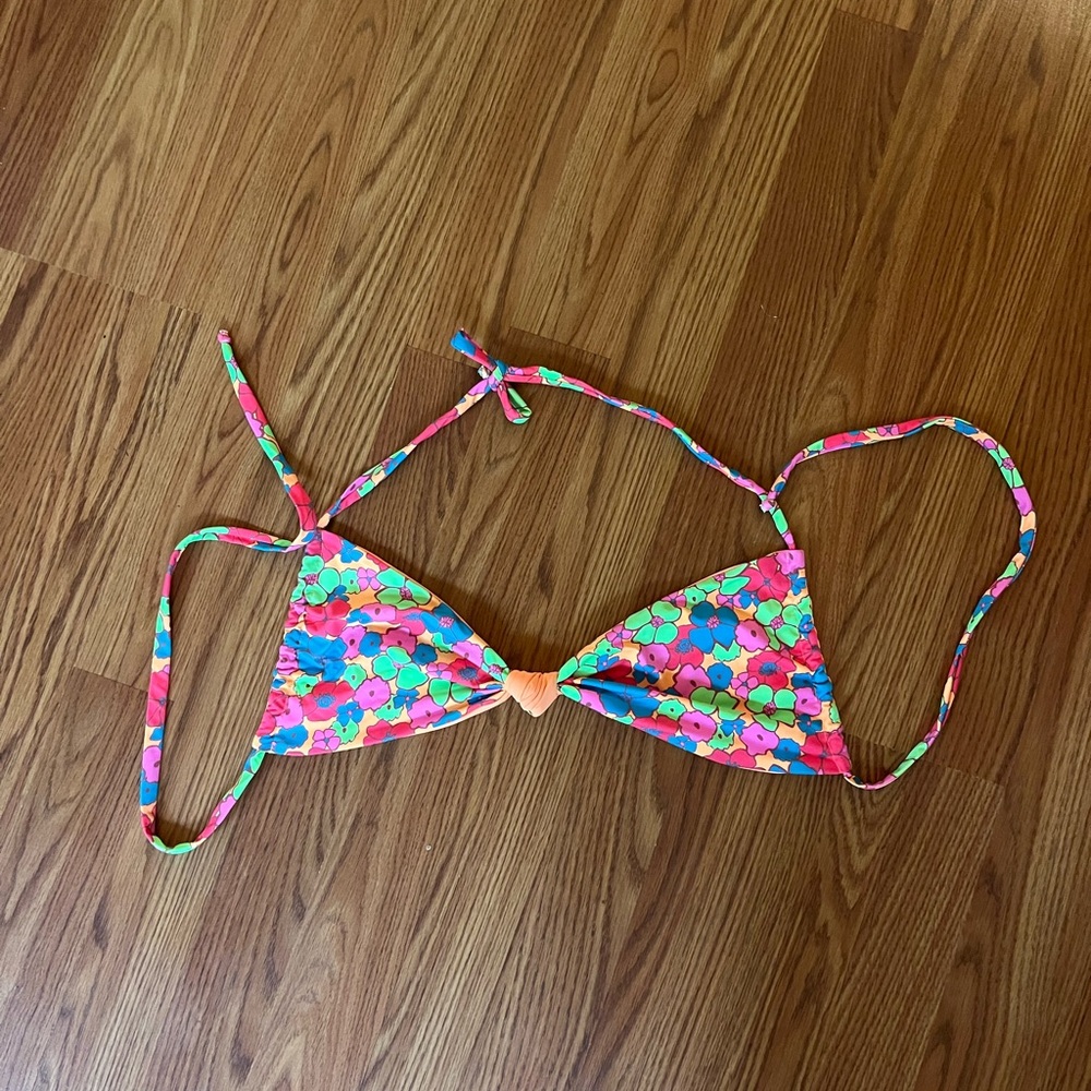 Frankie's Bikinis Multicolor Floral Triangle Bikini Top - Pink, Green, Blue